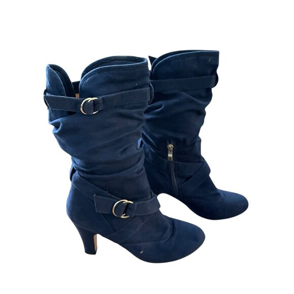 BAMBOO. Women Navy Blue Mid-Calf Heeled Boots With Wraparound Straps Size 8.5 - Picture 2 of 14
